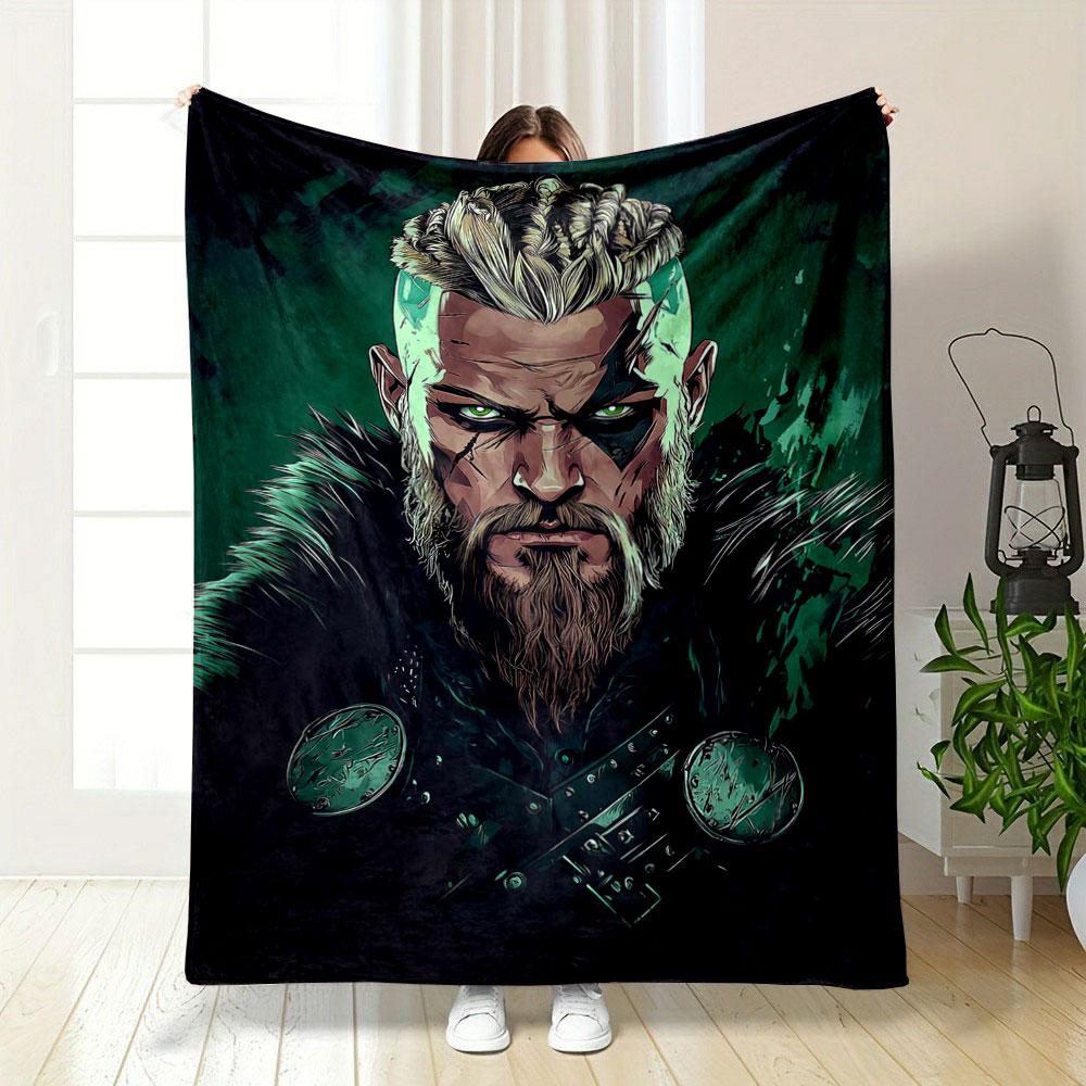 A stylized character with braided hair, fur, and decorative armor. for all seasons blanket lunch break throw gift