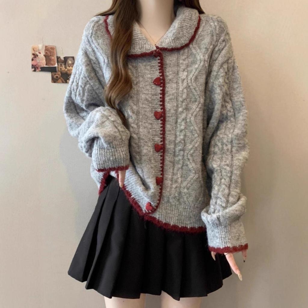 Koreanischer Stil Herzknopf Zopfstrick-Cardigan mit Puppenkragen für Damen, perfekt für Herbst und Winter
