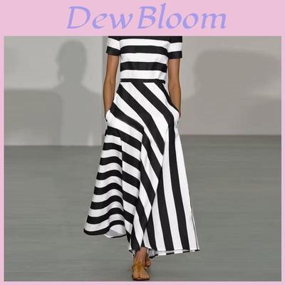 Casual Striped Long Dress With Elastic Polyester Fabric For Spring Daily Wear