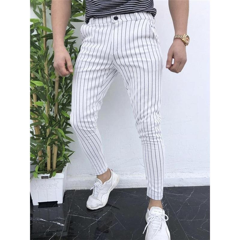 European And American Autumn And Winter Men's Printed Casual Fashion Striped Mid-waist Pencil Pants Slim Pants