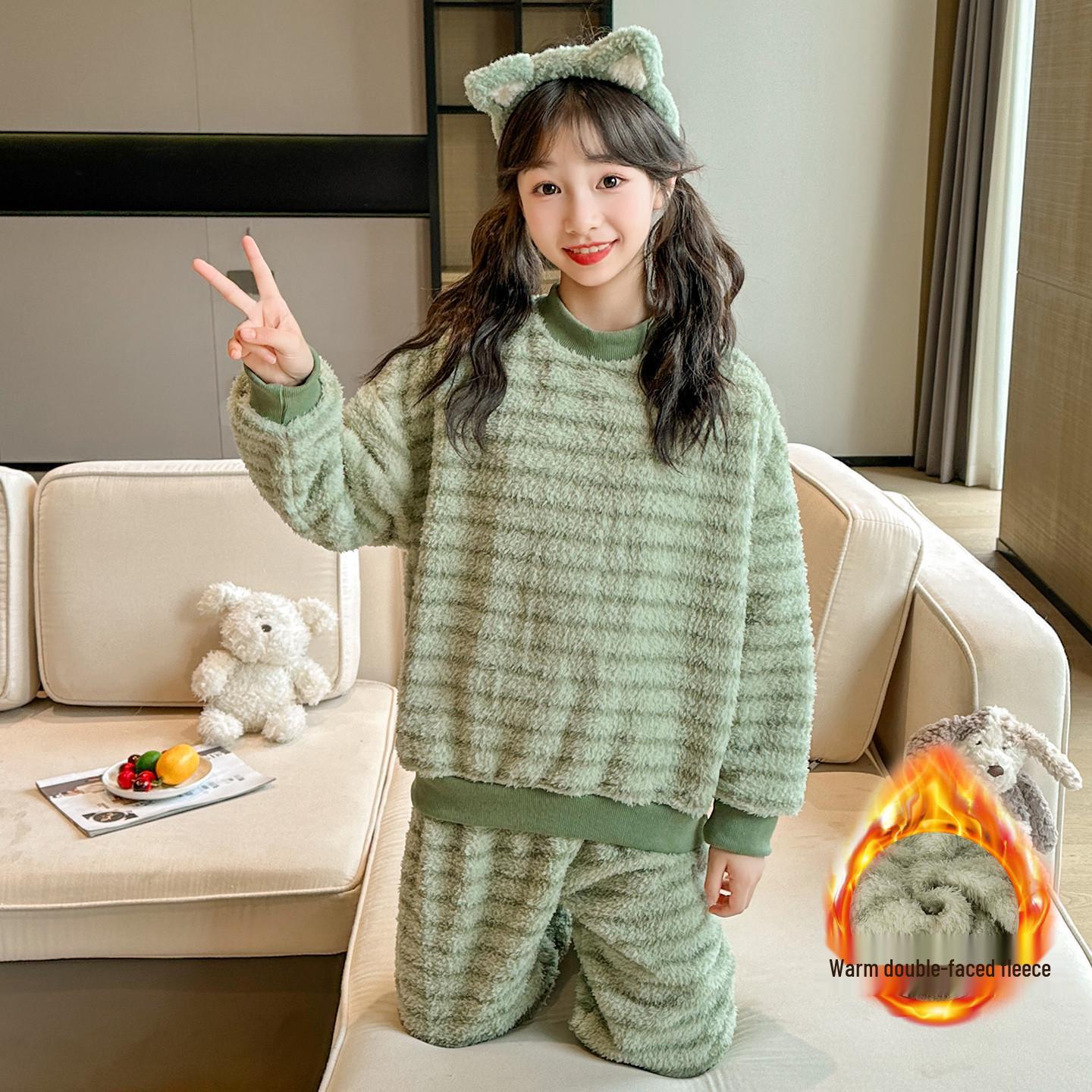 

Girls Coral Fleece Striped Pajama Set - Warm Flannel Pullover Homewear, 2025 Trendy Style 170 cm зелений