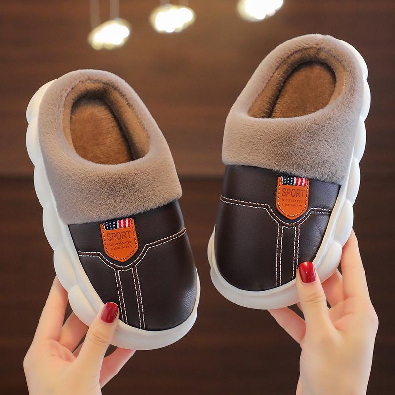 Children's Non-Slip Waterproof Slippers - Soft Cotton, PU Leather, Velvet-Lined for Parents & Kids, Winter Warm
