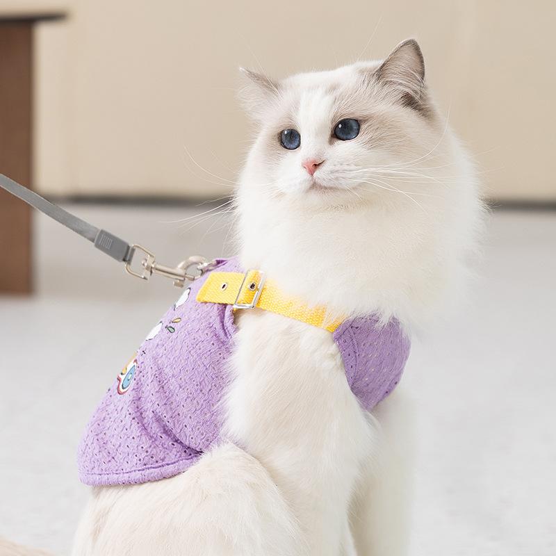 Pet Hollow Strap Printed Traction Cat Vest Spring and Summer Breathable and Cool Suspender Blue Cat Pet Cat Clothes