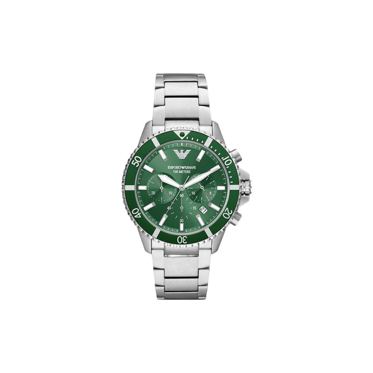 Emporio Armani Men's Green Watch Quartz Movet Stainless Steel Strap 43Mm Dial Multifunction Three-Subdial Chronograph Watches Ar11500-Clg