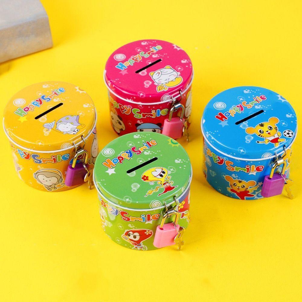With Lock and Key Tinplate Piggy Bank High Capacity Cute Coin Savings Box Cartoon Print Design Iron Art Storage Jar