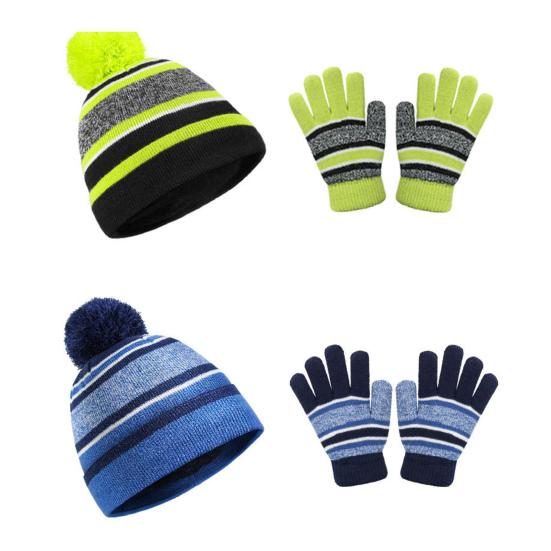 Winter Kids Hat And Gloves Set for Boys Girls Toddler Knitted Pompom Hat And Gloves Set Thick Warm Fleece Lined Accessories for Cold Weather