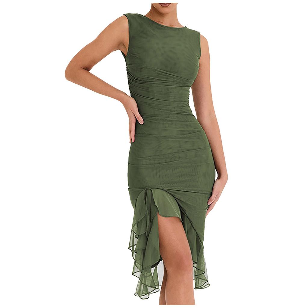 Ladies Sexy Tight Open Back Pleated Midi Dress Sleeveless Irregular Hem Dress Slim Dress