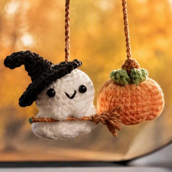Hand Woven Woolen Ghost Decor Handmade Pumpkin Car Rear View Mirror Pendant, Cute Crochet Pendant Ornament Hanging for Halloween Auto Interior