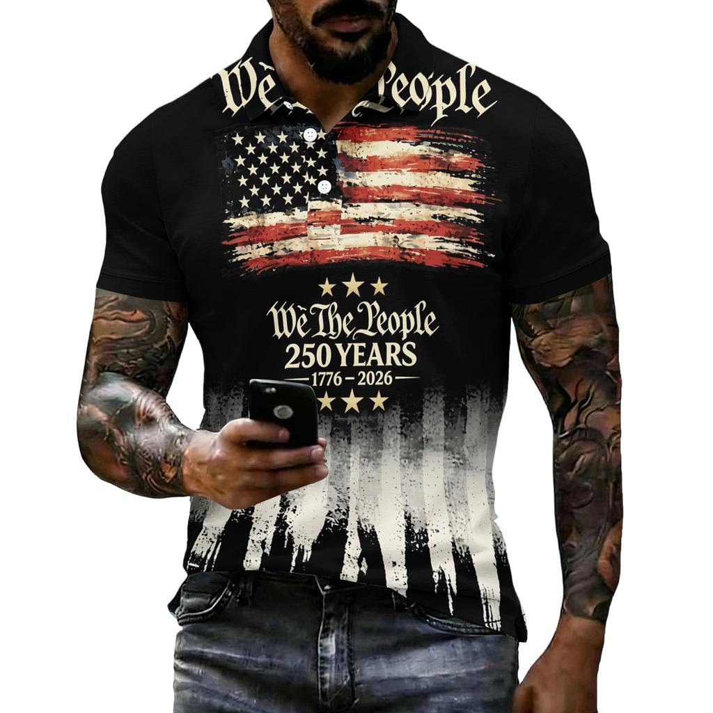 Men's Short Sleeve Polo Shirt 250th Anniversary Commemorative USA Flag Print Patriotic Sports Shirt 1776 to 2026 Celebration Apparel