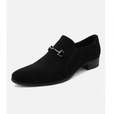 Men's Handmade Suede Slip-On Shoes with Metal Buckle and Pointed Toe, Genuine Leather, Formal Business Footwear.