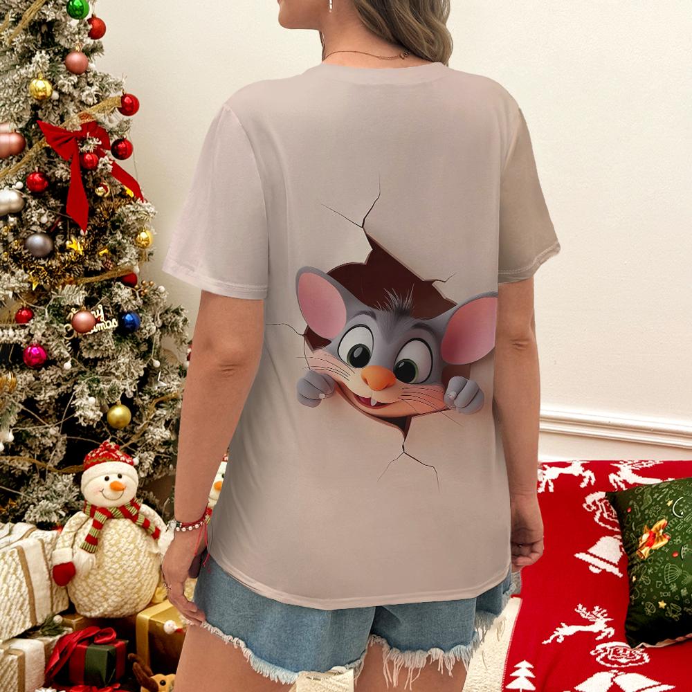 Uroczy i zabawny nadruk myszki/kota Damski T-shirt Przyciągający swobodną modę Damski letni T-shirt z krótkim rękawem