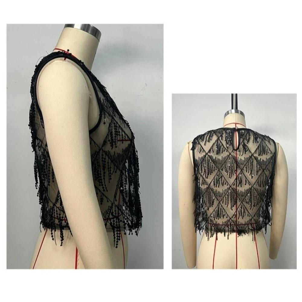 Fringe Crop Top Embroidery Sheer Camisole Chic Sequin Vest Tops  Streetwear