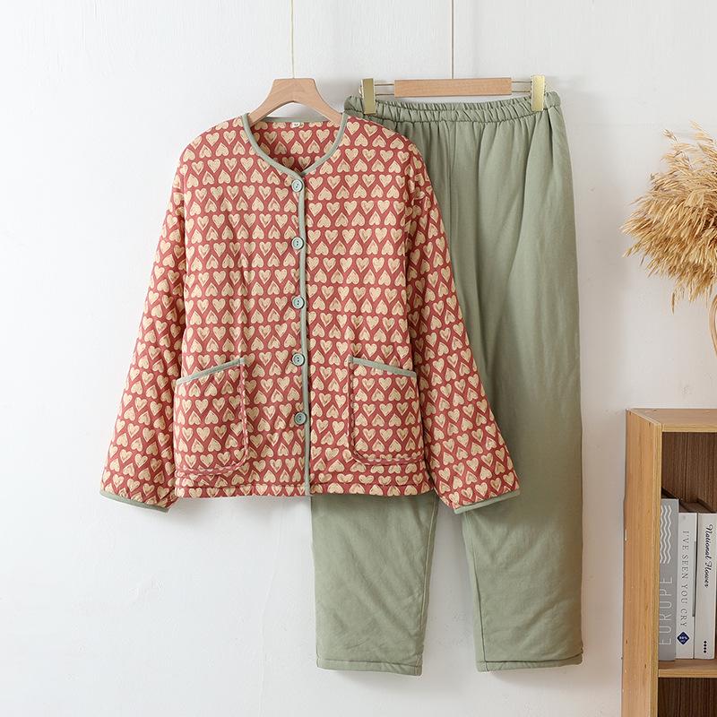 

Женский комплект пижамы с длинным рукавом из хлопка и шерсти - Теплый, Плотный, Носить дома или на улице Extra Large