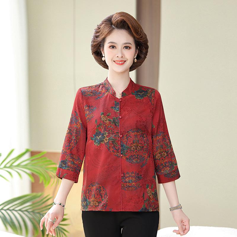 Festive Red Tang Suit Shirt for Elderly Women - Chinese Style Mother's Summer Wedding Attire