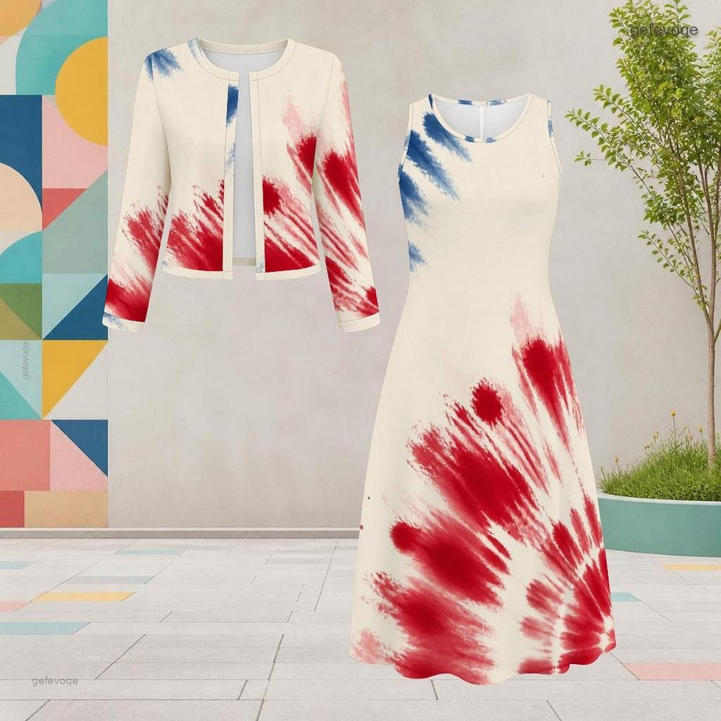 Women Plus Size Dark Blue Printed Round Neck Long Sleeve Cropped Cardigan Sleeveless Dress Two Piece Set