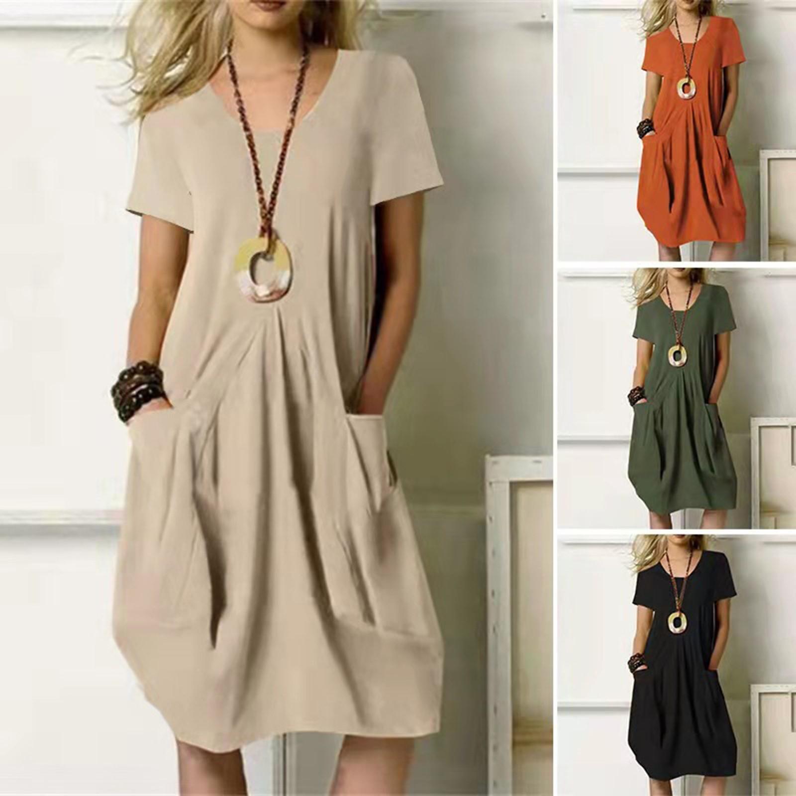 

Women s Cotton Linen Solid Color Loose Round Neck Short Sleeve Pockets Dress S