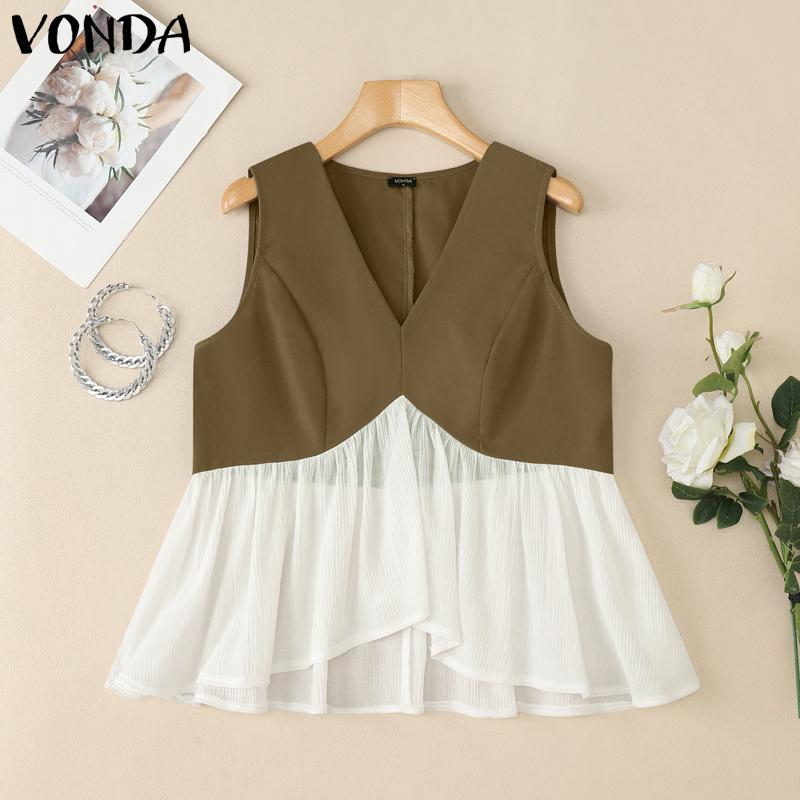 

VONDA Women V Neck Sleeveless Ruffled Patchwork Casual Tank Tops 5XL