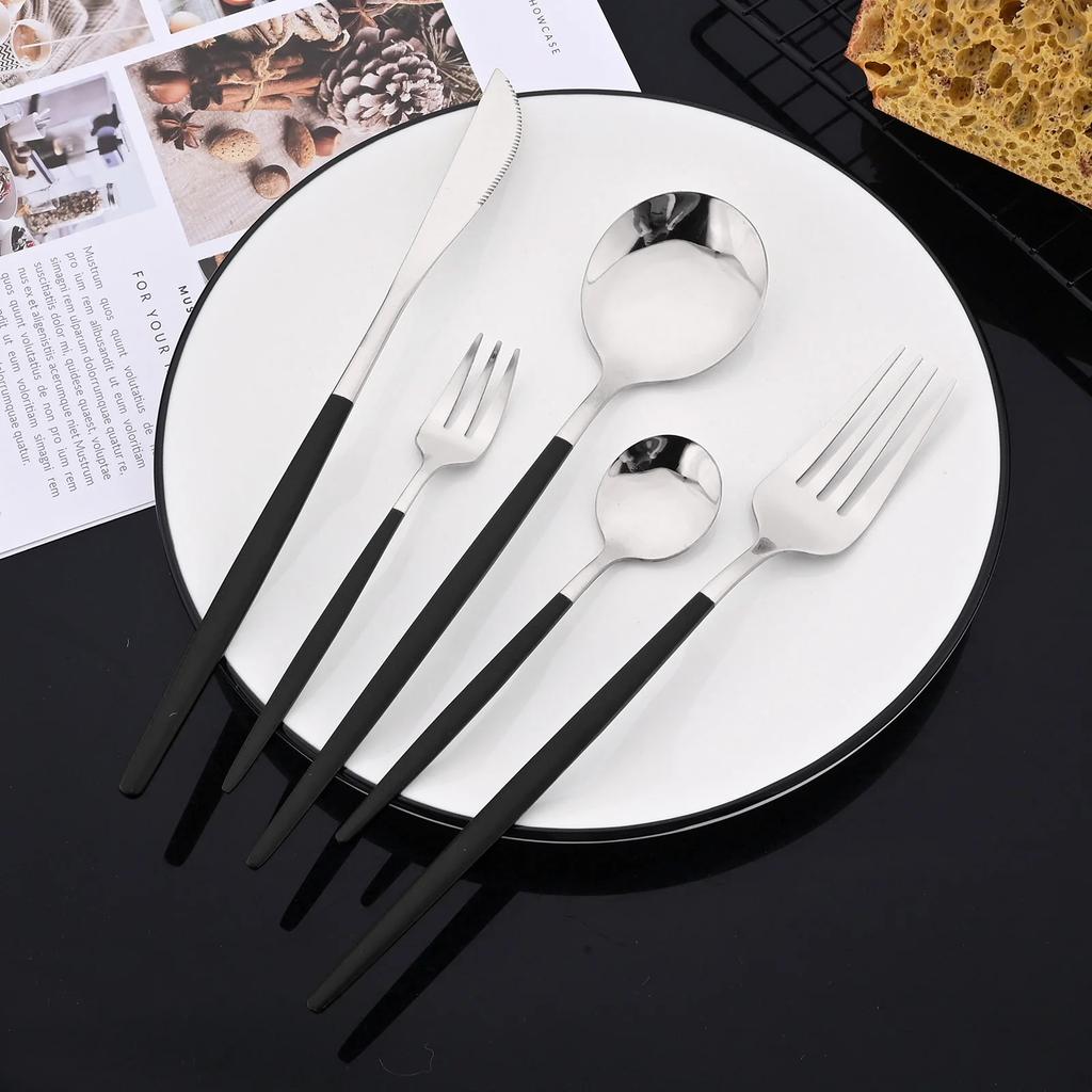 20Pcs Luxury Mirror Flatware Set Kitchen Stainless Steel Tableware Set Hotel Dinnerware Set Black Silver Cutlery Set Gift