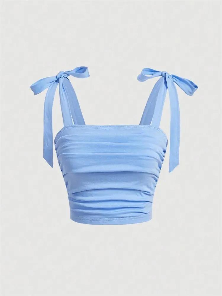 Top Crop Solid cu Bretele Groase Rucate, Croială Slim Fit, pentru Femei, Haine Y2K, Roz, Top Cami Decupat la Spate, Streetwear