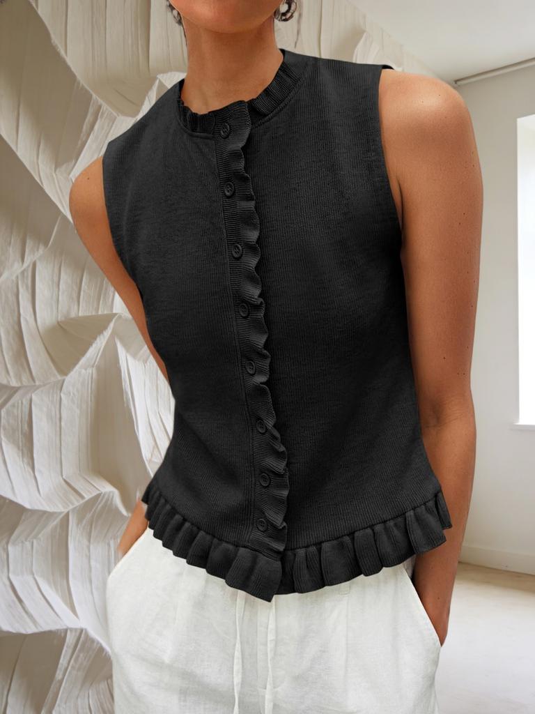 Women's Sleeveless Sweater Vest Ruffle Button Down Knit Tank Top