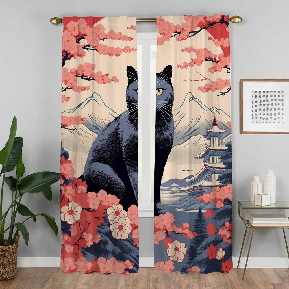 Black Cat Anti-mosquito Curtains for Living Room Curtain Halloween Decoration Shades Blackout Curtains 2 Pieces Partition Camera