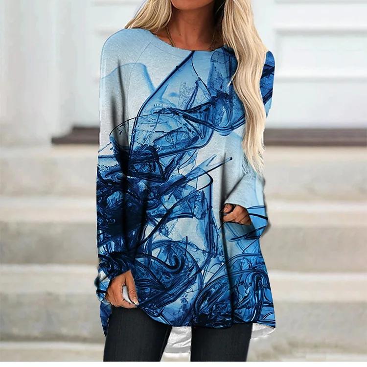 

Женская футболка больших размеров с винтажным принтом, удобная, с длинным рукавом, круглым вырезом, повседневная, свободного кроя, средней длины 8XL темно-синий