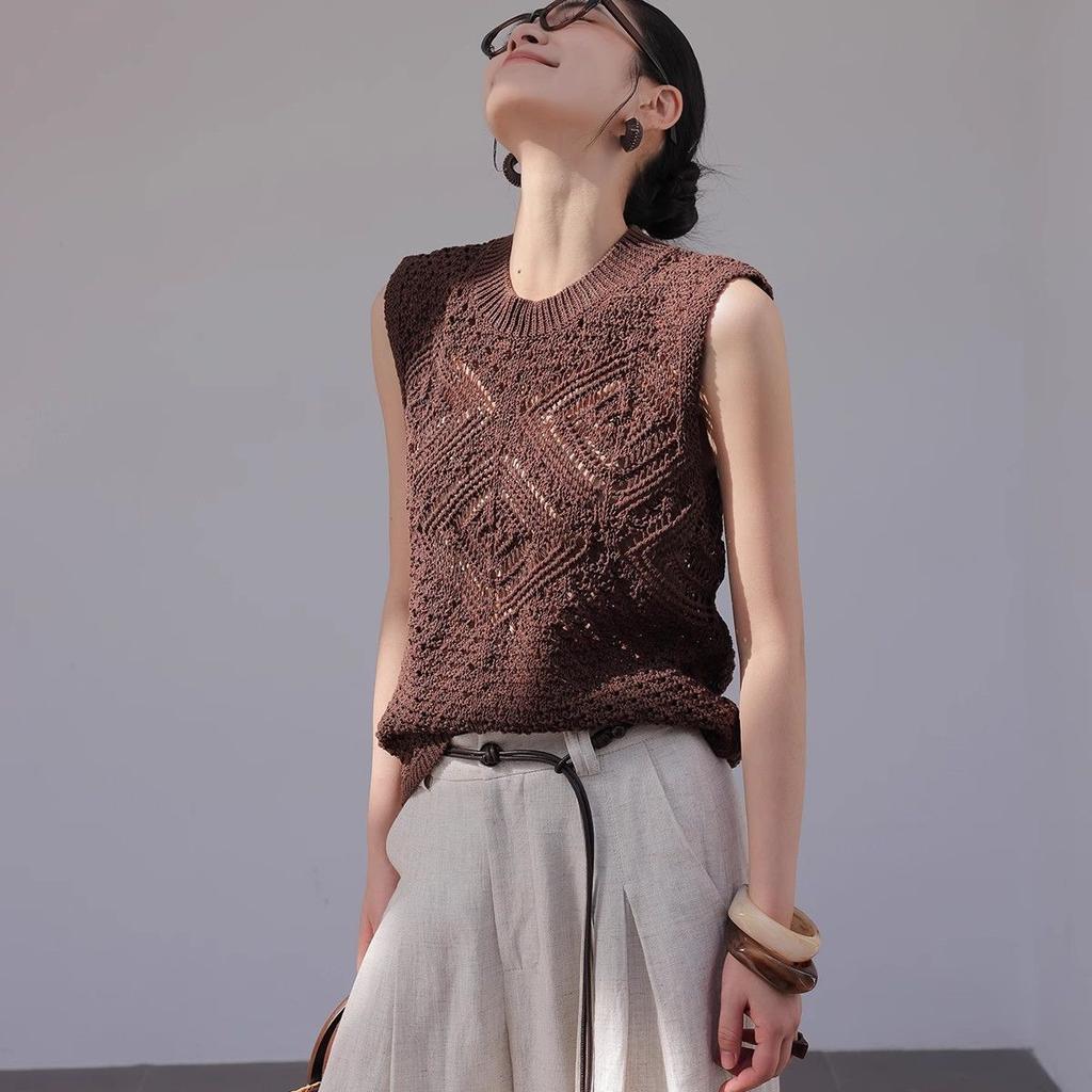 Women's Round Neck Hollow-out Sun Protection Vest 2024 Summer Stylish Layered Knit Top