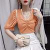 Women's V-neck Beaded Embossed Chiffon Shirt Summer Fashion Versatile Loose and Slim Bubble Short Sleeve Tops