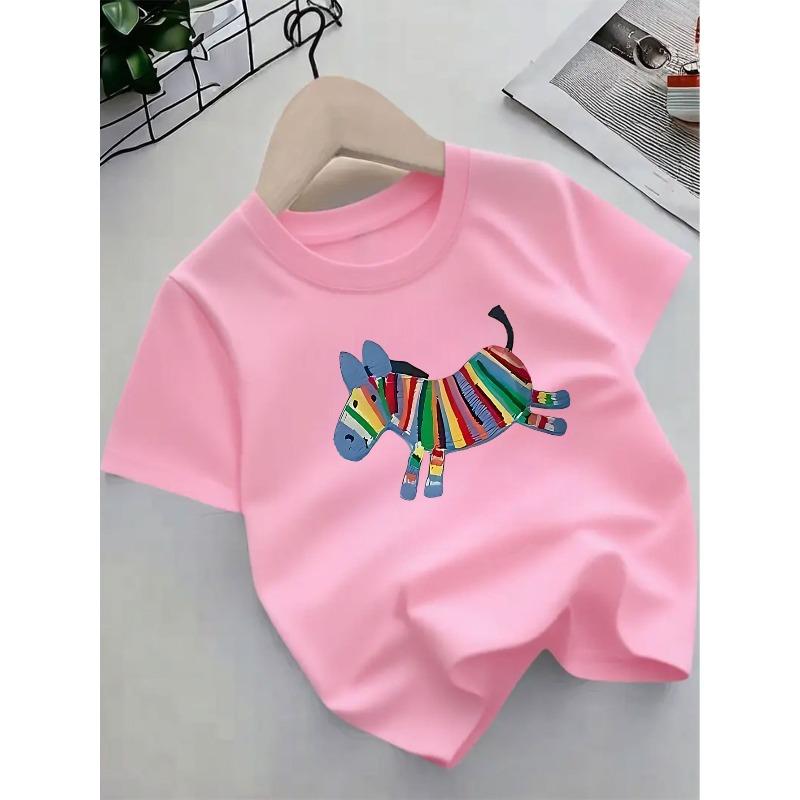 Tailles européennes - T-shirts à manches courtes - Imprimé Zèbre Arc-en-ciel & Animal, Hauts d'été respirants à col rond, Tenue décontractée confortable pour jouer, Doux comme du coton, Confortable pour les enfants