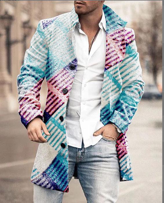 Men's Woolen Mid-Length Digital Print Coat - Autumn/Winter Collection