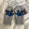 Half Finger Winter Wool Gloves Vintage Crochet Flower Mittens Embroidery Knitted Gloves  Outdoor