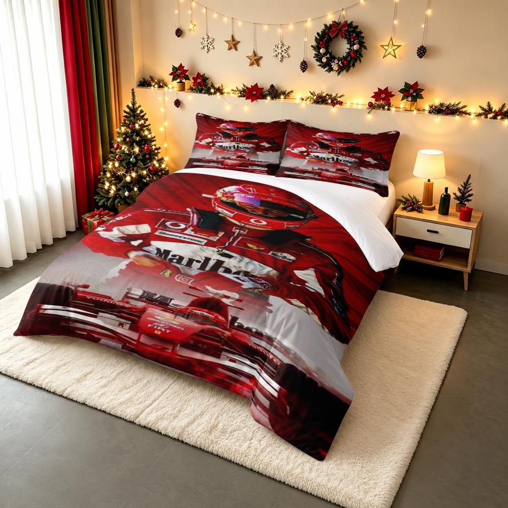 3 Piece Bedding Set with Duvet Cover and 2 Pillowcases - Michael Schumacher Ferrari Helmet Stars Art - Red Racing Decor