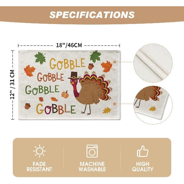 Artoid Mode Turkey Gobble Thanksgiving Placemats Set of 4, 12x18 Inch Maple Leaves Fall Table Mats for Outdoor Home Party Kitchen Dining Decoration