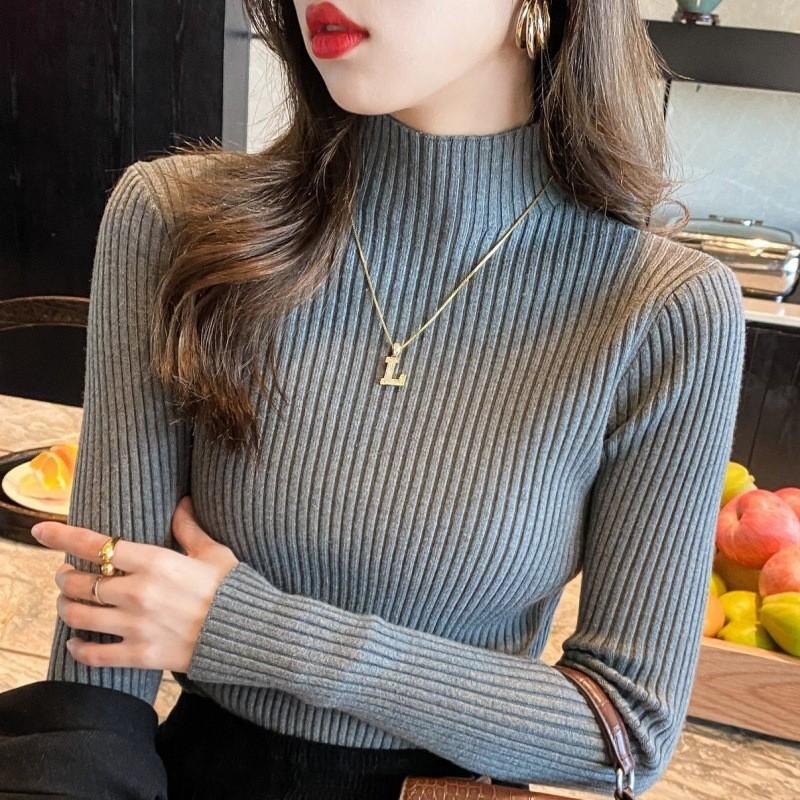 Womens Knit Sweater With Stand Collar And Spliced Design For Elegant Office Wear