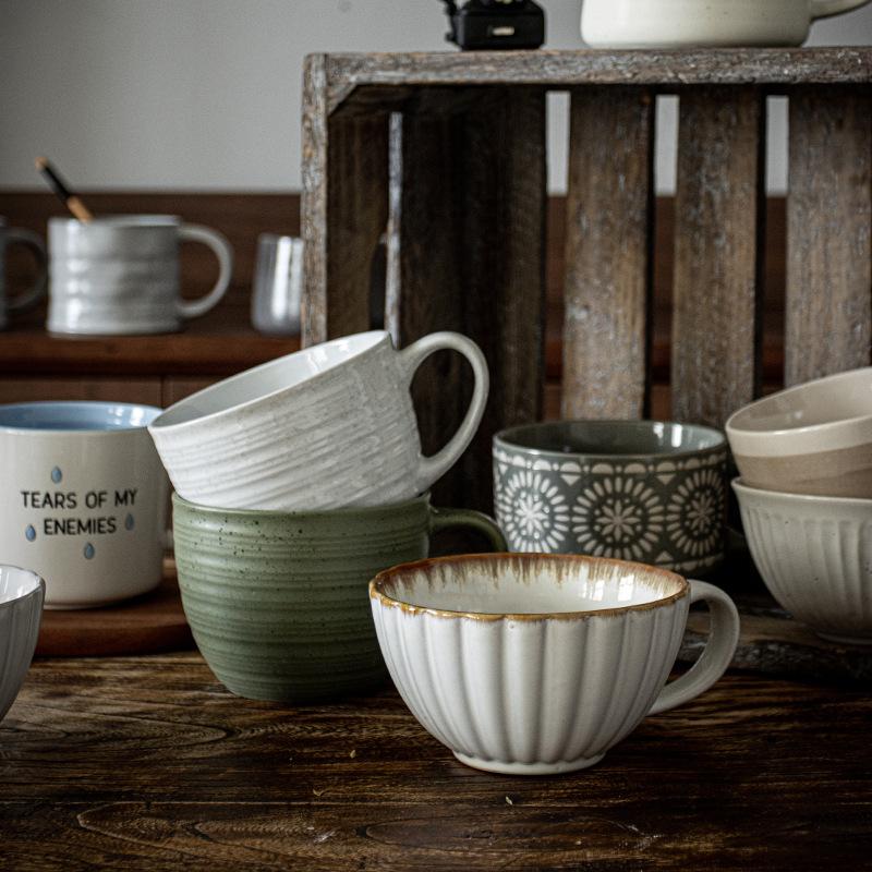 Breakfast Cup Japanese Household Ceramic Tableware Large Capacity Cup Retro Plate Internet Celebrity Water Cup Mug