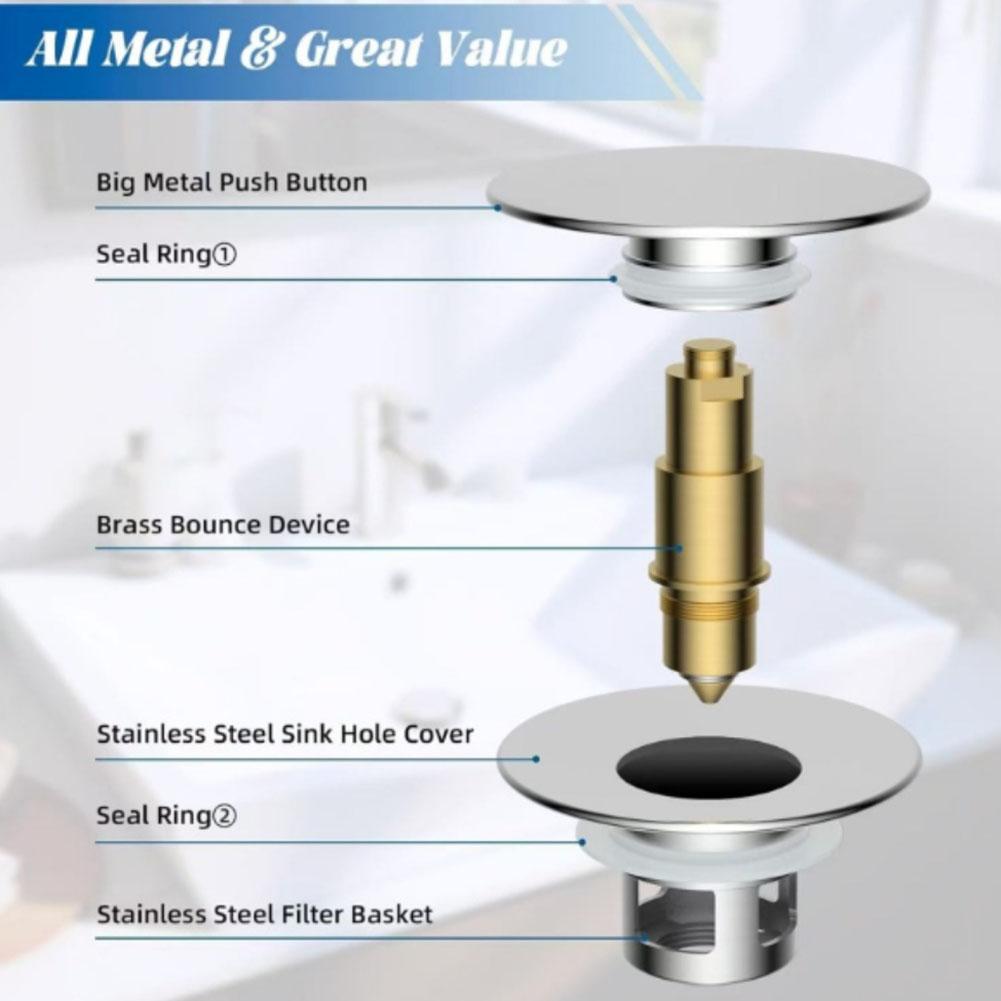 Easy Install Up Drain Valve 2546mm Sink Stopper Rust Resistant Zinc Alloy Brass with Push Button and Built In Filter