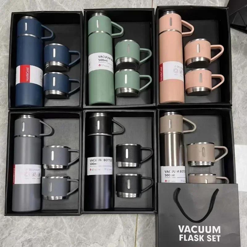 500ml Stainless Steel Vacuum Flasks with Three Lids Coffee Mug Thermoses Bottle Business Style Shimmering Design Portable Carafe