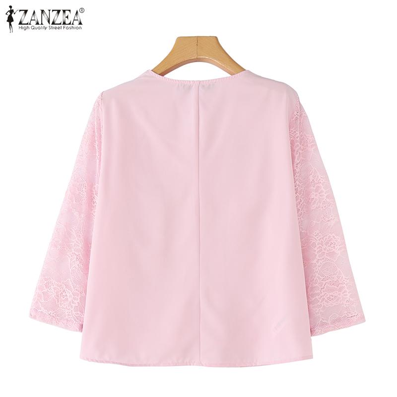 ZANZEA Women Casual V-Neck 3/4 Sleeve Lace Patchwork Blouse