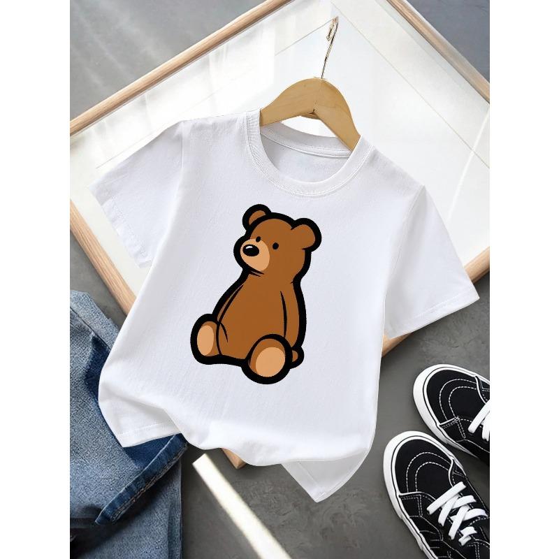 Kids Crewneck T-Shirt, Sitting Brown Teddy Bear Graphic Breathable Casual Summer Short Sleeve Top