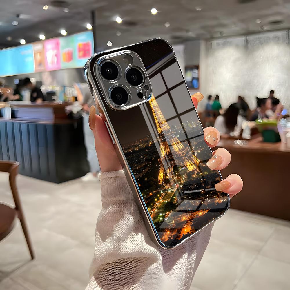 

Чехол для телефона Эйфелева башня для iPhone 17 Pro Max 15 Pro 16 14 Plus 12 13 Mini 11 Pro Ударопрочный Электрооplated Стеклянная крышка iPhone 13