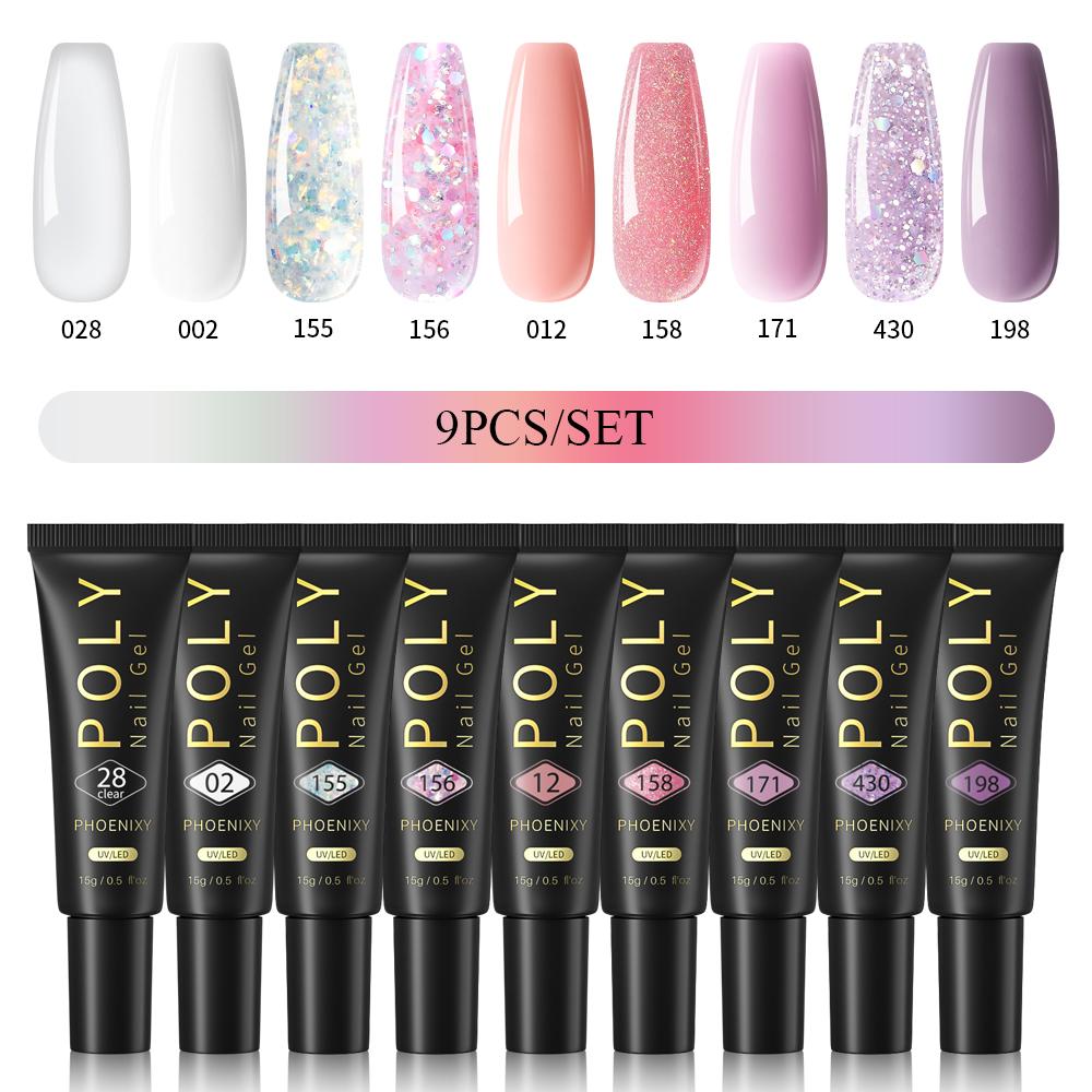 

PHOENIXY 15 мл поли гель для ногтей маникюрный набор для наращивания пальцев акриловый гель нужна УФ светодиодная лампа для ногтей DIY салон нейл-арта для дома 9pcs set 01