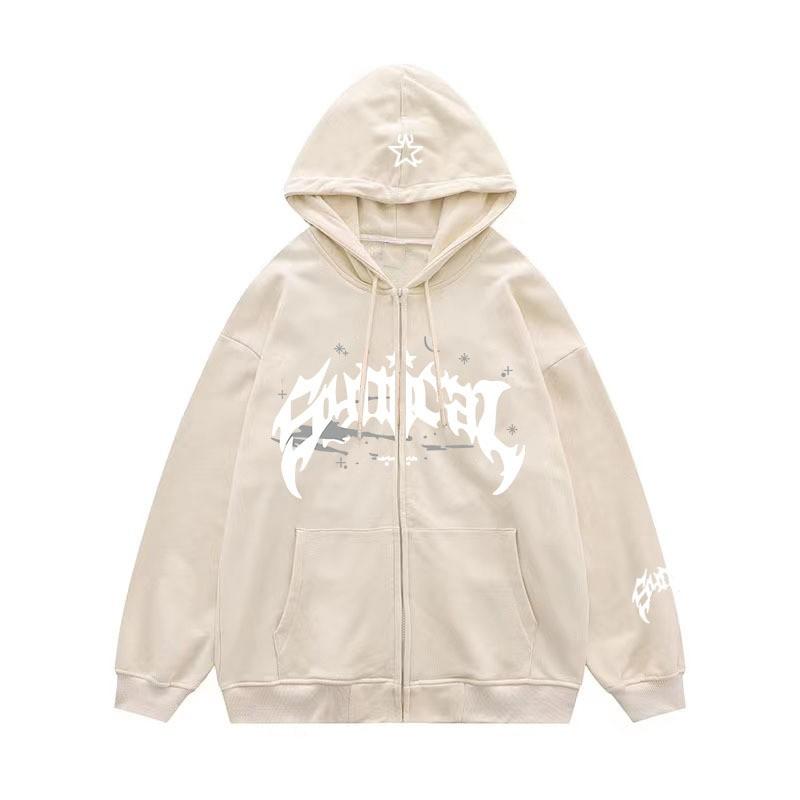 2024 New E-commerce Time American Retro Zipper Sweater Gothic Letter Star Print Hoodie Trendy Men's Casual Coat
