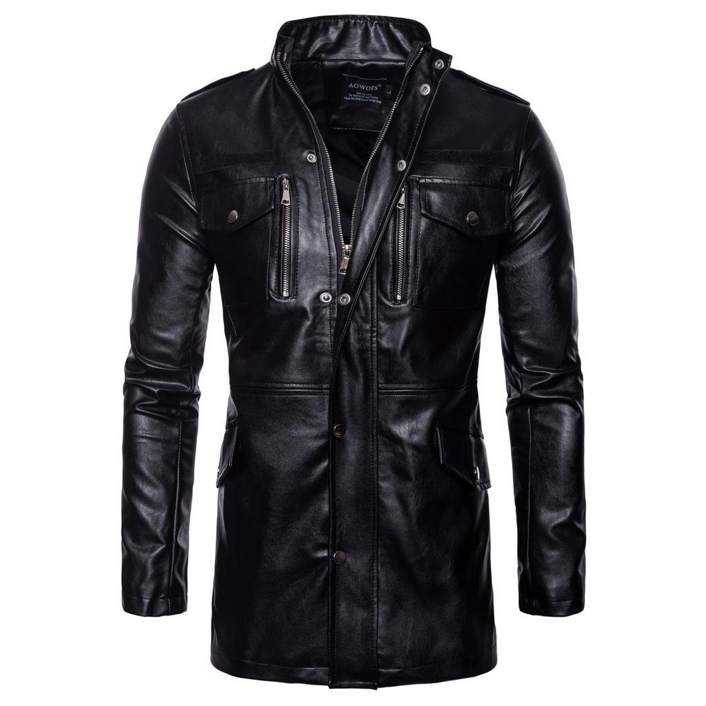Autumn and Winter New Men's Long Leather Jacket Wind Standing Collar Leather Jacket PU Jacket
