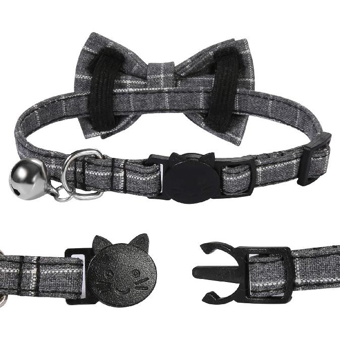 SLSON 2 Pack Breakaway Cat Collar with Bell and Bow Tie Plaid Kitten Collar for Cats and Small Dogs Pets Adjustable from 8-11In, Black and Grey
