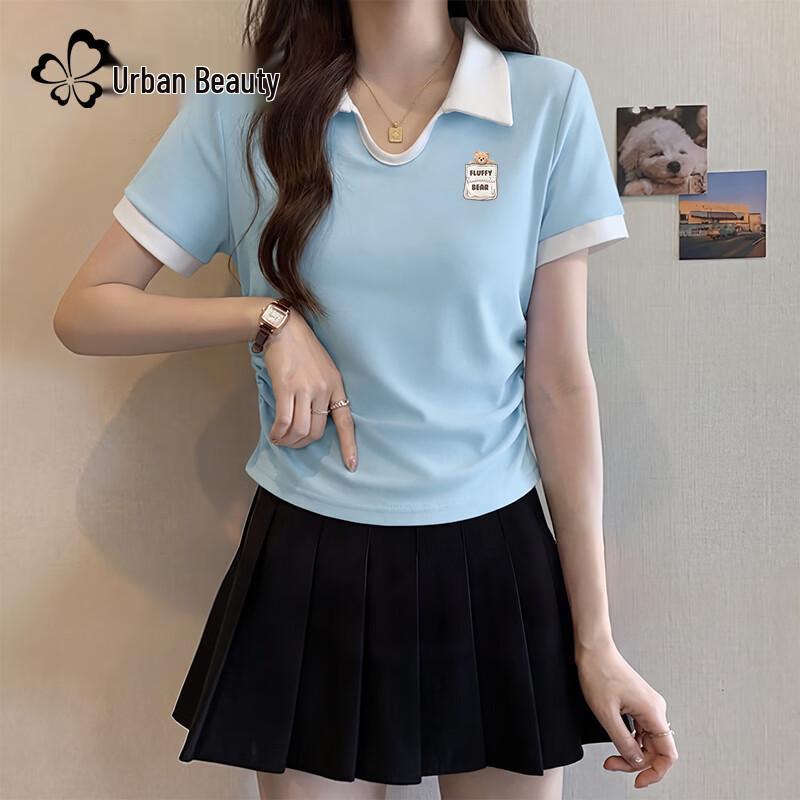 Женская короткорукавная футболка с плиссировкой и карманом-медведем M