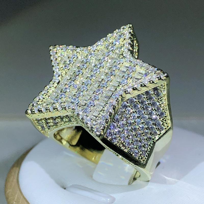 Silver New arrivel Hip-hop Full Crystal Micro-inlaid Zircon Big Five-pointed Star Ring For Men and Women Jewelry