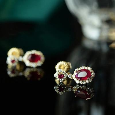 Original Neu Rubin Set Diamant Oval Damen Ohrringe Vintage Klassisch Glänzend Verlobung Hochzeit Luxusschmuck