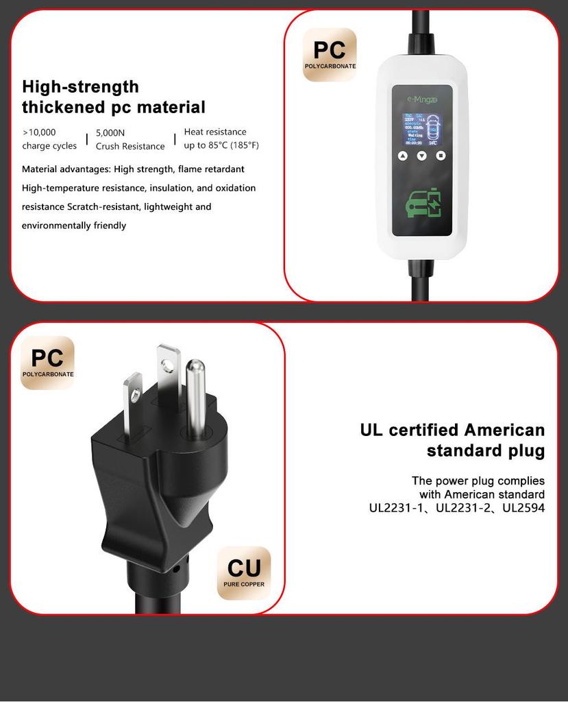 Carregador Portátil para VE J1772 para América do Norte, Japão, Taiwan e Coreia