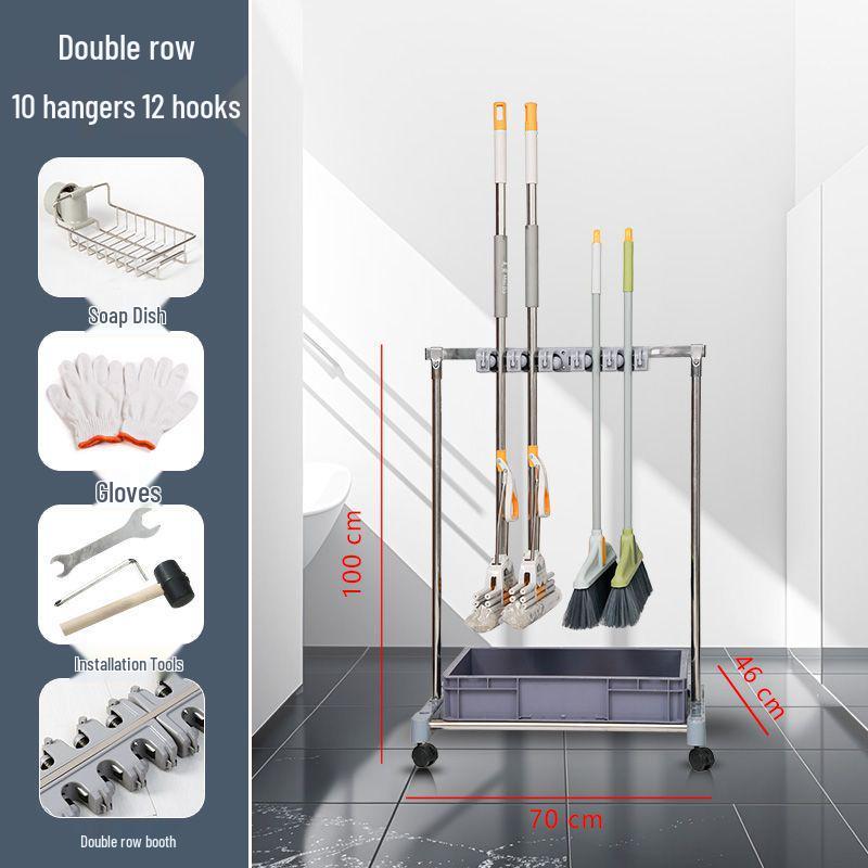 Movable Stainless Steel Mop Storage Rack with Hooks for Floor-Standing Draining in Schools and Factories