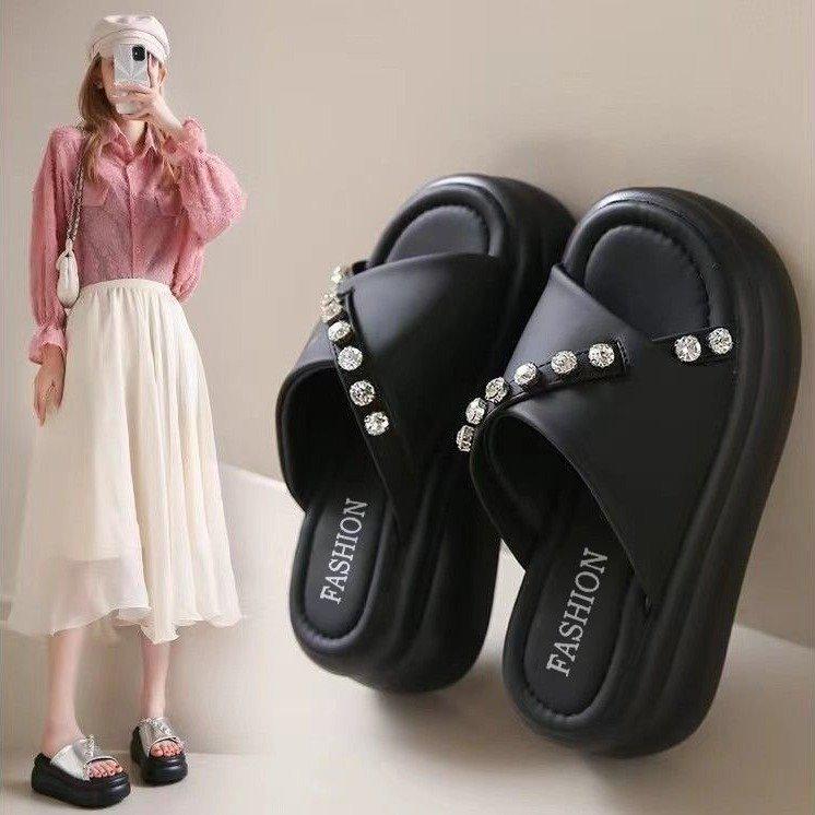 

High-End Rhinestone Thick-Soled Women’s Slide Sandals: 2025 Summer Style, Height-Enhancing, Soft-Soled Beach Flip-Flops 40 чёрный